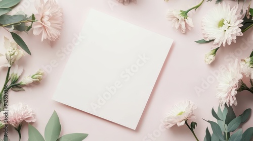 Mockup of a wedding invitation card with flowers and blank copy space
