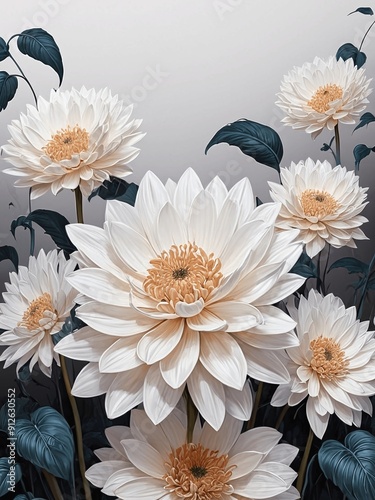 A painting of a bunch of white flowers with green leaves generative AI illustration