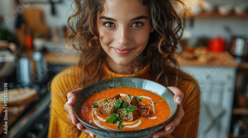 Woman holding a bowl of pumpkin soup with a smile