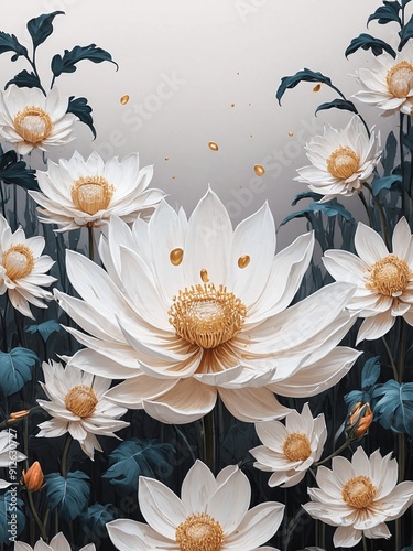 A painting of a field of white flowers with a blue background generative AI illustration