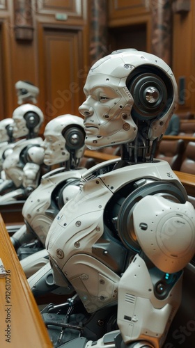 Robots serving as jurors in a courtroom setting, representing the intersection of law and advanced technology. photo