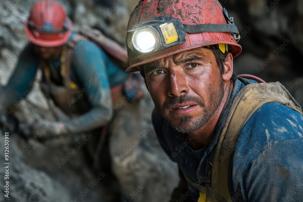 A confident miner with a helmet and headlamp, navigating through an underground tunnel, surrounded by rocky walls, representing the resilience and grit of mining work. A confident miner with a helmet and headlamp, navigating through an underground tunnel, surrounded by rocky walls, representing the resilience and grit of mining work.