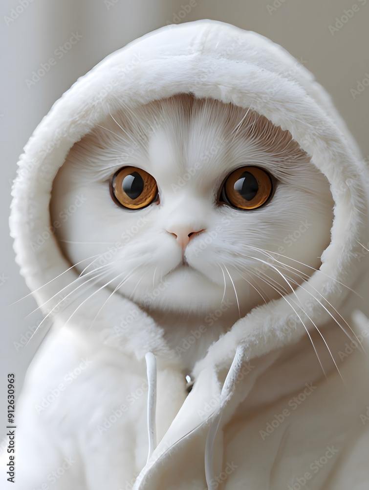 Φωτογραφία White British Shorthair cat, wearing a white coat with a hood and big eyes, cute, hyper-realistic, photography, octane render, in the style of octane render