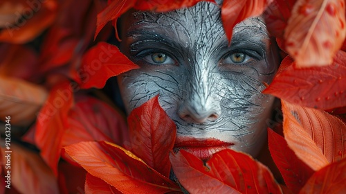 Mysterious Woman with Silver Makeup Hidden Among Red Leaves