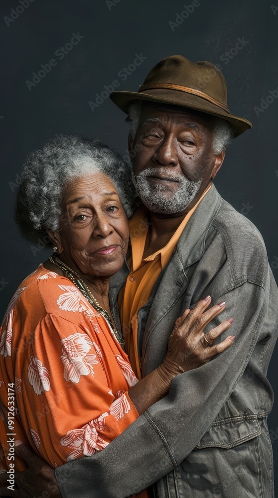 Fototapeta premium An elderly couple shares a loving embrace, their vibrant clothing contrasting against a dark background