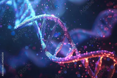 Abstract illustration of DNA double helix structure with glowing particles, representing genetic science and molecular biology. photo