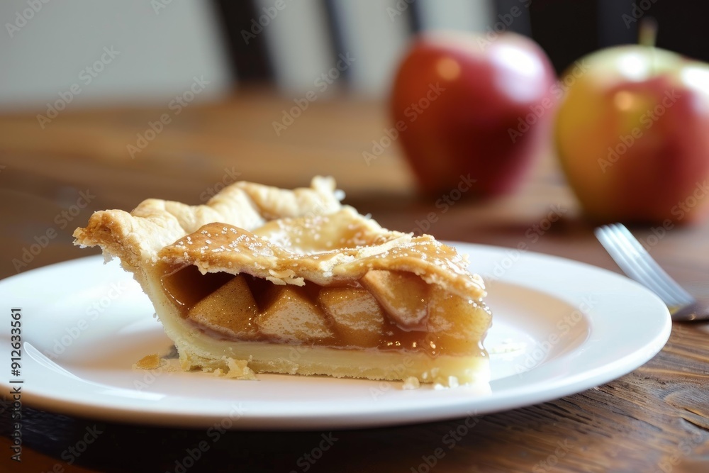 Delicious slice of apple pie sitting on white plate with two whole apples in background out of focus Delicious slice of apple pie sitting on white plate with two whole apples in background out of focus