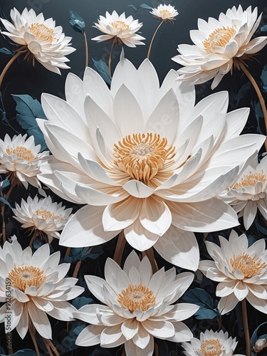 A painting of a bunch of white flowers with a blue background generative AI illustration