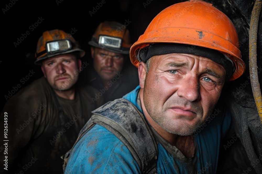 Group of seasoned miners wearing helmets and safety gear work together in the demanding environment of an underground mine, showcasing teamwork and experience. Group of seasoned miners wearing helmets and safety gear work together in the demanding environment of an underground mine, showcasing teamwork and experience.