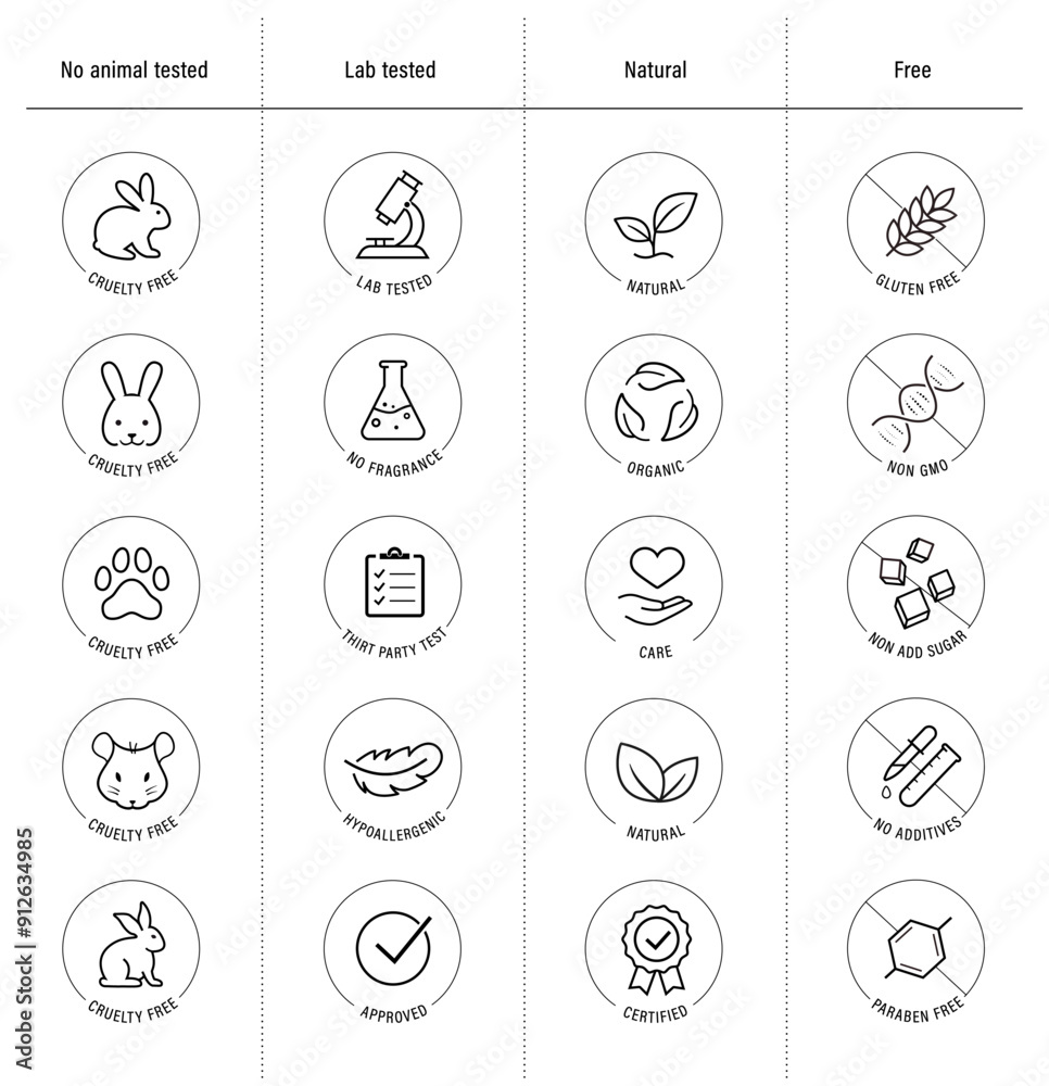 Set icons for natural and organic cosmetics packaging. The outline icons are well scalable and editable. Contrasting vector elements are good for different backgrounds. EPS10.
