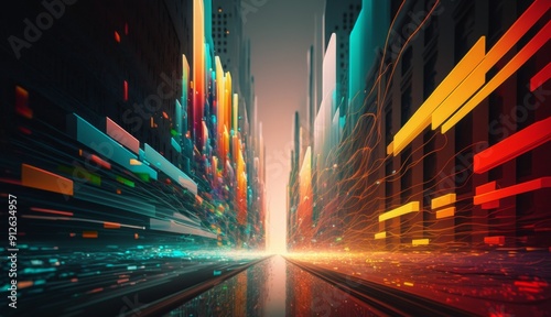 Data Transforms: Colorful Stream Reshapes Futuristic City