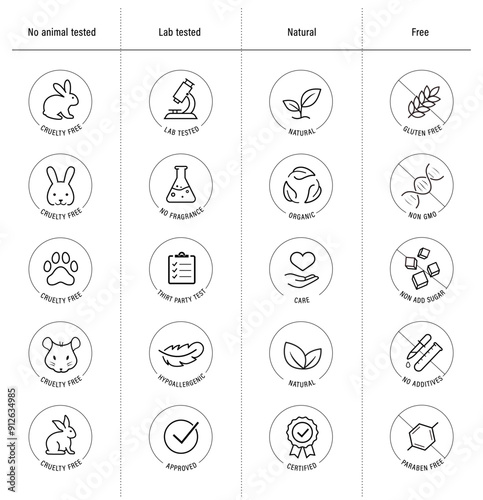 Set icons for natural and organic cosmetics packaging. The outline icons are well scalable and editable. Contrasting vector elements are good for different backgrounds. EPS10.