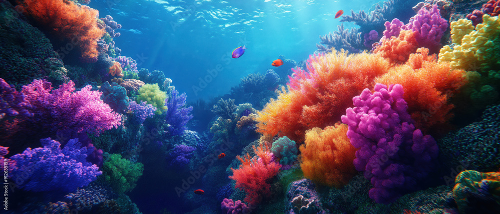 Naklejka premium Vibrant underwater scene showcasing colorful coral reefs and diverse marine life in crystal-clear water.