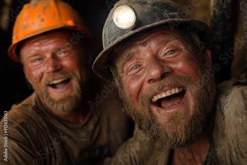 Two miners share a laugh while taking a break from their demanding work, capturing a moment of light-heartedness and relief in the otherwise tough mining environment. photo