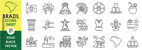 A set of line icons related to Brazil. Flag, Rio, Christ, beach, cuisines, football, coffee, coxinha, carnival, dancer, traditional, firework, rainforest, and so on. Vector outline icons set.