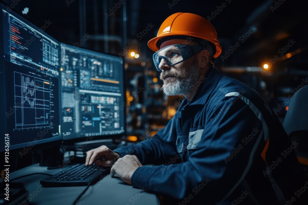 Image shows an engineer wearing an orange safety helmet and specialized uniform concentrating on multiple computer screens filled with technical data in a control room. Image shows an engineer wearing an orange safety helmet and specialized uniform concentrating on multiple computer screens filled with technical data in a control room.