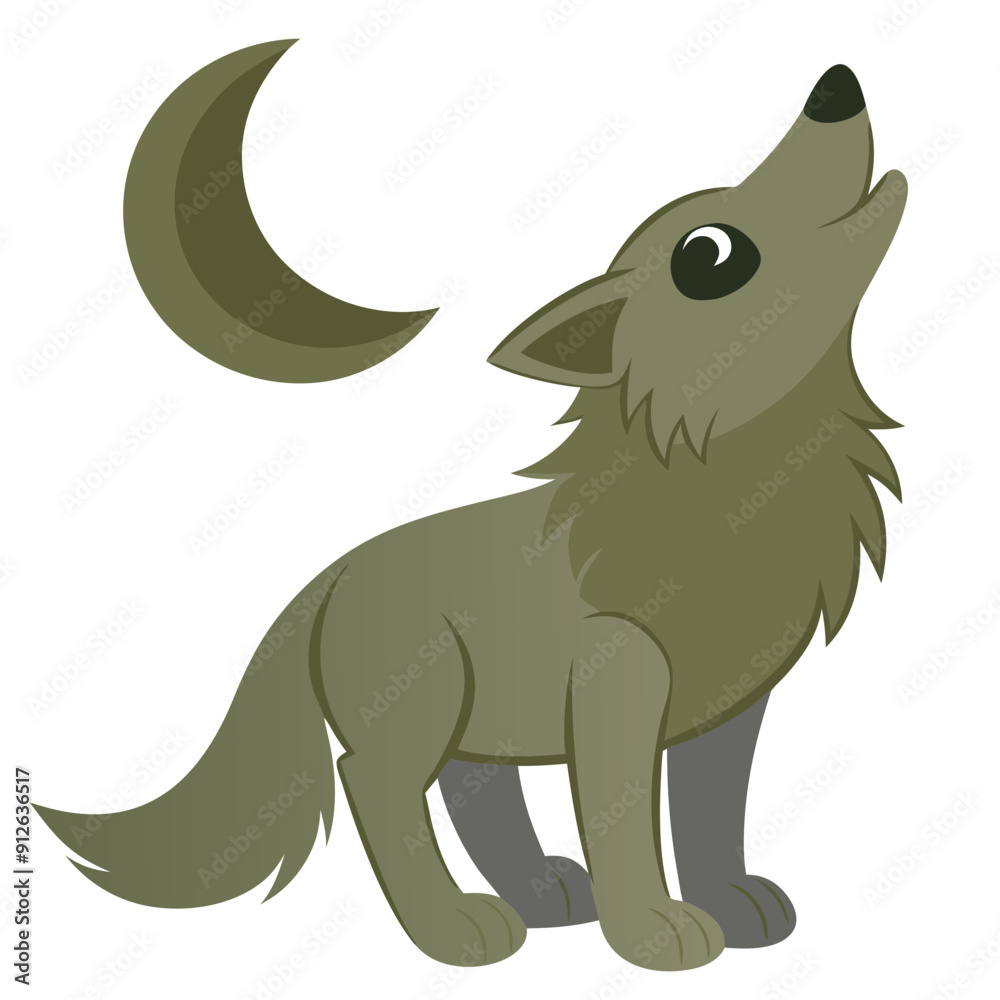 Fototapeta premium Kawaii Vector Illustration of Autumn and Halloween Theme with Wolf Howling at the Moon on Transparent Background in Green Color Palette, featuring a Playful and Whimsical Design for Seasonal Festiviti
