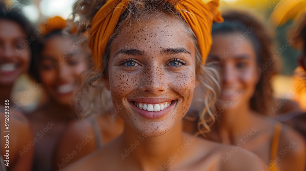 Smiling woman in a group of friends Smiling woman in a group of friends