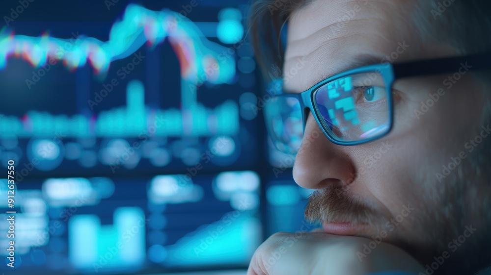 Focused analyst observing financial data on digital screen, showcasing market trends and performance analysis in a modern workspace. Focused analyst observing financial data on digital screen, showcasing market trends and performance analysis in a modern workspace.