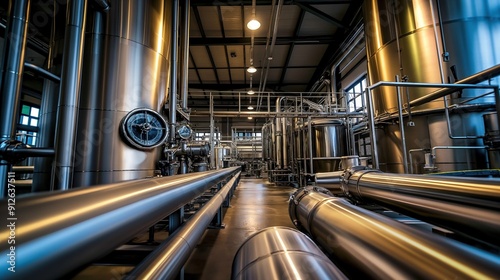 Metallic pipes and industrial equipment fill the spacious interior of a manufacturing facility, illuminated by natural light streaming through large windows photo