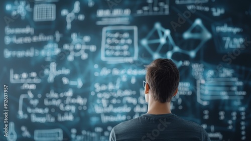 A person analyzing complex mathematical equations on a digital board, symbolizing innovation and scientific exploration.