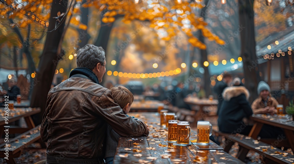 Father and son enjoying a beer in the autumn forest Father and son enjoying a beer in the autumn forest