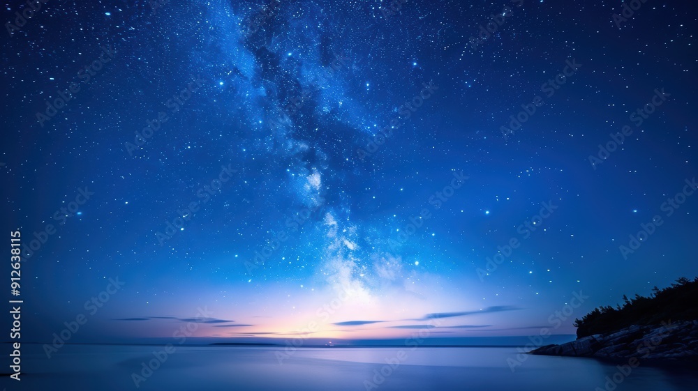 Fototapeta premium A serene night sky showcasing a brilliant display of stars and the Milky Way, reflecting over calm waters at twilight.