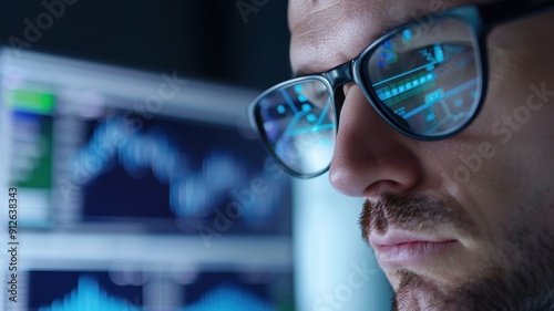 Close-up of a focused man with glasses analyzing digital data on a screen, representing modern technology and analytics.