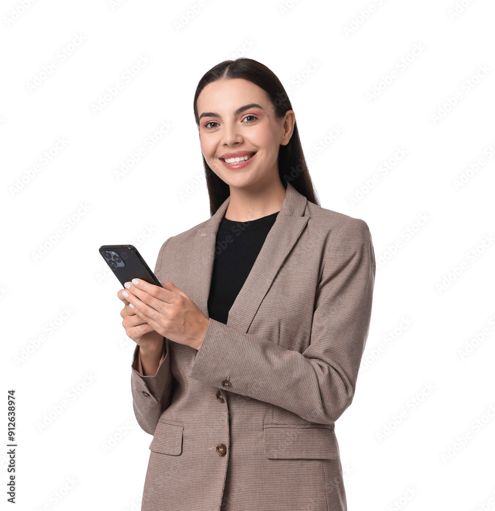 Beautiful woman in beige suit with smartphone on white background Beautiful woman in beige suit with smartphone on white background