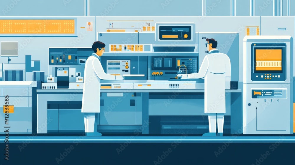 Precision Testing and Validation of Processors in a Sterile Environment | Cleanroom Minimalist Creative Illustration