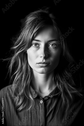 Woman in black blouse standing against black background. Studio black and white portrait photography. Classic fashion and elegance concept