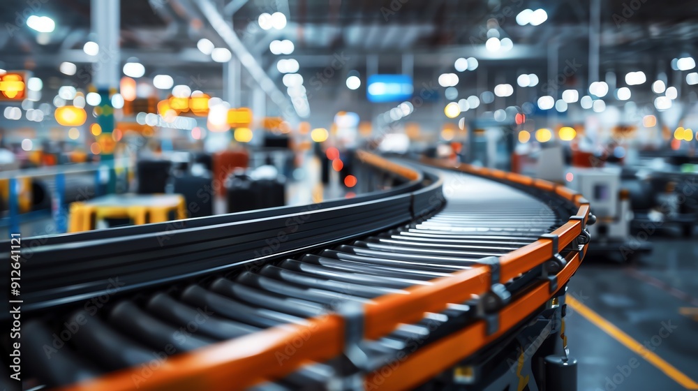 Conveyor belt transporting luggage at an airport, busy terminal background Reliable and efficient, robust and essential, transportation logistics Conveyor belt transporting luggage at an airport, busy terminal background Reliable and efficient, robust and essential, transportation logistics
