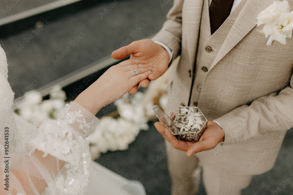 A captivating photo of the groom placing a ring on the bride’s finger, capturing a beautiful and atmospheric moment filled with love and emotion on their wedding day. A captivating photo of the groom placing a ring on the bride’s finger, capturing a beautiful and atmospheric moment filled with love and emotion on their wedding day.