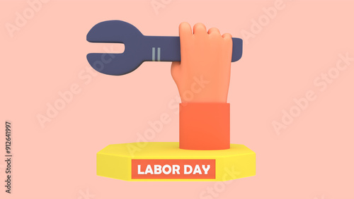 3D render illustration of Labor Day greetings of a hand holding a wrench