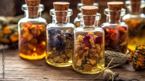 Bottles Filled with Dried Flowers and Herbs