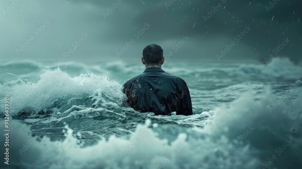Obraz premium Person standing in the ocean, with waves crashing around them and rain falling, creating a dramatic and moody atmosphere