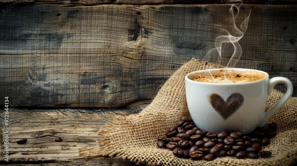 White cup adorned with a heart design, filled with steaming coffee. It rests on a burlap cloth surrounded by scattered coffee beans, set against a rustic wooden background White cup adorned with a heart design, filled with steaming coffee. It rests on a burlap cloth surrounded by scattered coffee beans, set against a rustic wooden background