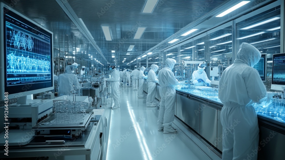 Obraz premium Nanorobotics research laboratory, teams working with electron microscopes, clean room environment, 3D molecular modeling on large screens, collaboration between chemists, physicists, and roboticists,