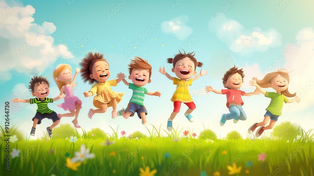 Group of happy sportive children jumping. Group of happy sportive children jumping.