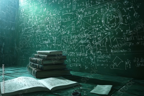 Investment calculations on a chalkboard background, featuring mathematical graphics and illustrations, blending educational themes with artistic expression. photo