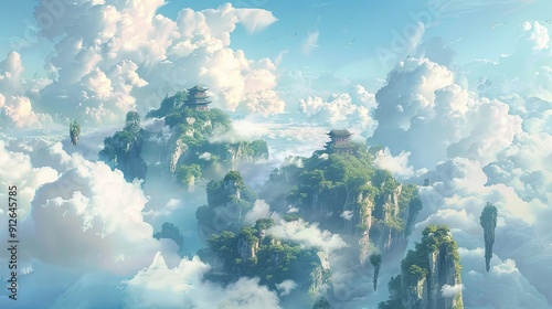 the animation, from a flat perspective, there is an endless sea of clouds on Wudang Mountain, and there are huge floating islands  photo