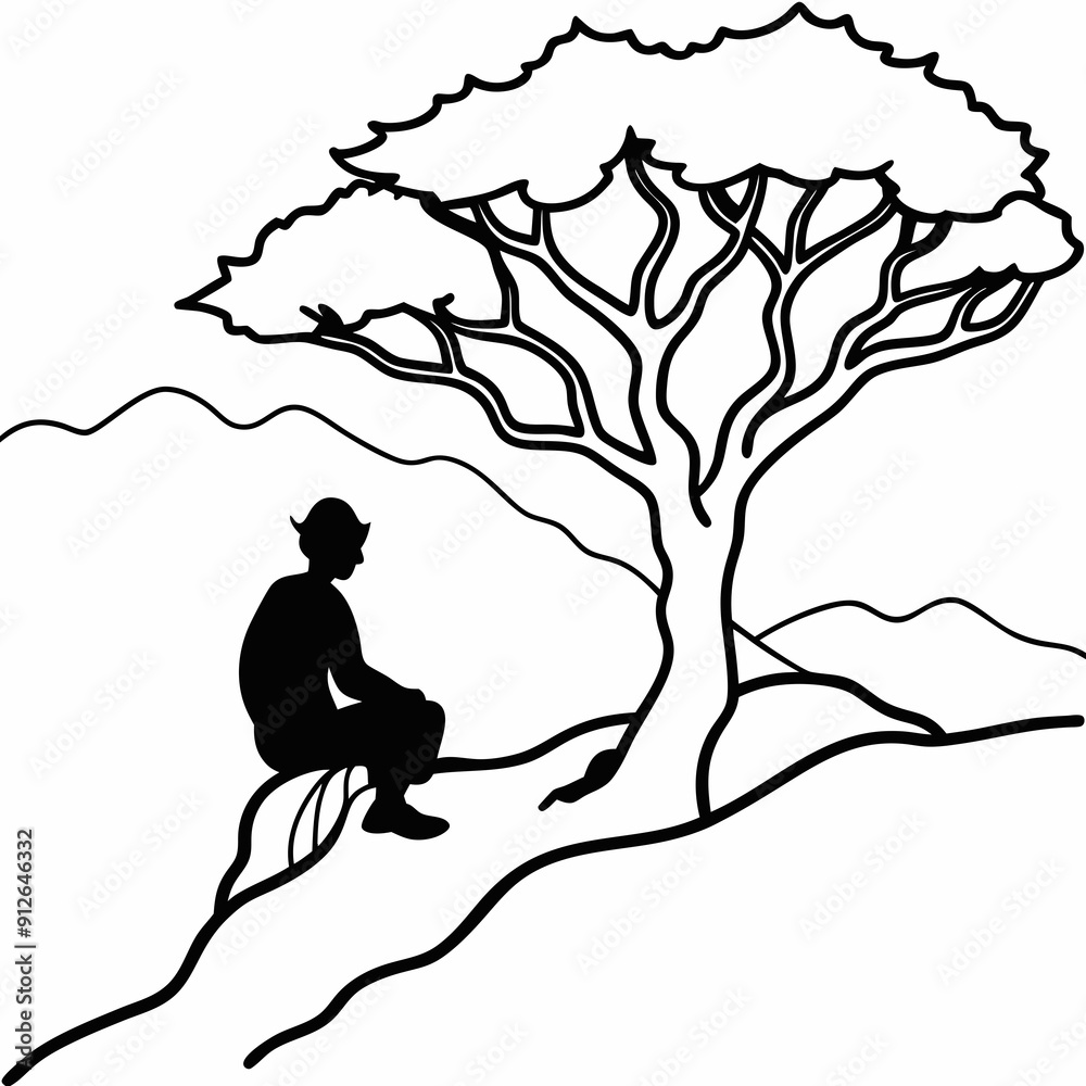 A hiker resting under a large, gnarled tree on a hillside vector A hiker resting under a large, gnarled tree on a hillside vector