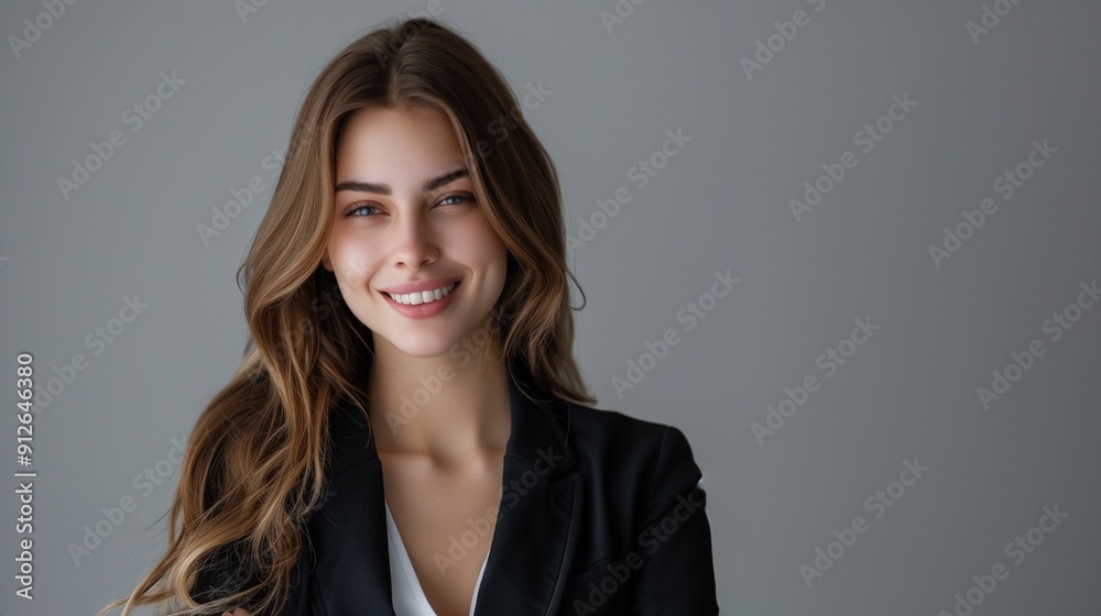 Fototapeta premium Beautiful young business woman portrait smiling cute girl with long hair studio shot isolated on gray background. A.I.