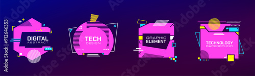 Tech banners. Futuristic digital glitchy borders with tech geometric shapes futuristic HUD elements UI design. Vector post-apocalyptic templates. Modern glitch technology cyberpunk promotion frames.