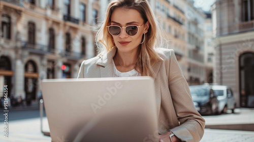 woman with laptop in the city