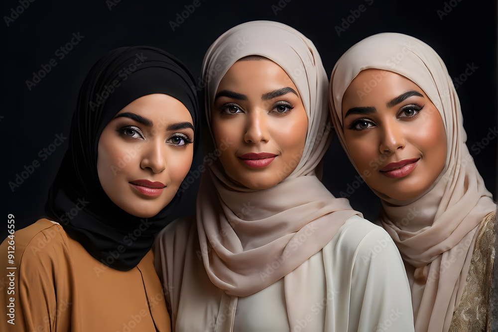 Three women wearing black, white and tan head scarves pose for a photo Three women wearing black, white and tan head scarves pose for a photo