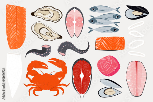 Cartoon seafood. Hand drawn marine fish and shellfish, doodle octopus squid crab oyster mussels for restaurant menu. Vector isolated set.