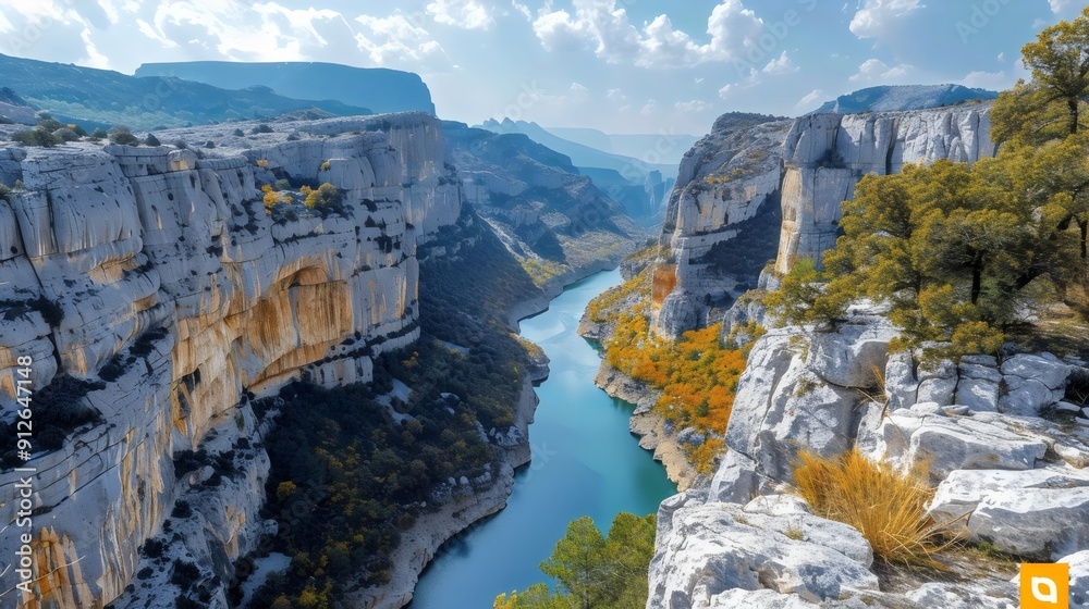 A river flows through a rocky canyon with trees on the side A river flows through a rocky canyon with trees on the side