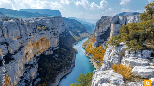 A river flows through a rocky canyon with trees on the side