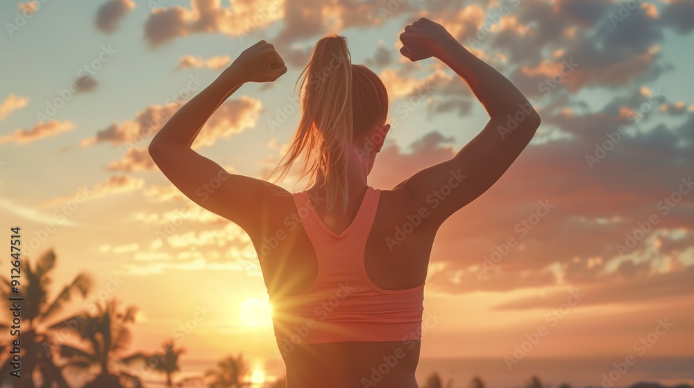 Back view of strong motivated woman celebrating workout goals towards the sun. morning healthy training success. Back view of strong motivated woman celebrating workout goals towards the sun. morning healthy training success.